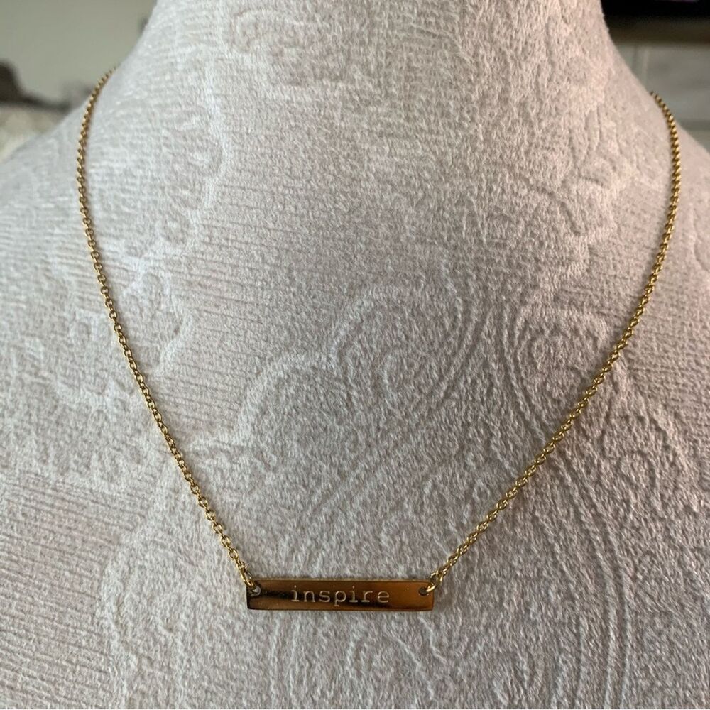 Jook & Nona Tag "Inspire" Gold Bar Necklace Dainty Slogan 18K Gold-Plated 17.5"L